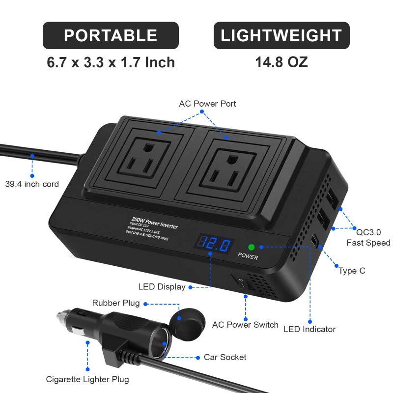 200W 차량용 인버터 전력 변환기, 2개의 USB 포 - Outdoor Power Adapter Usb C 리뷰 및 가격